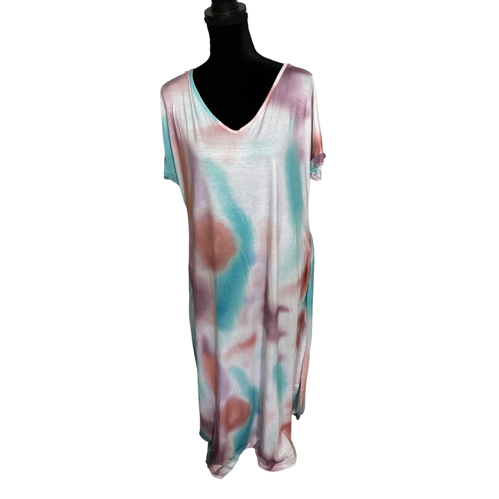 Womens Plus SZ 14 Tie Dye Maxi Dress Boho Hippie V-Neck Short Sleeve Purple Teal